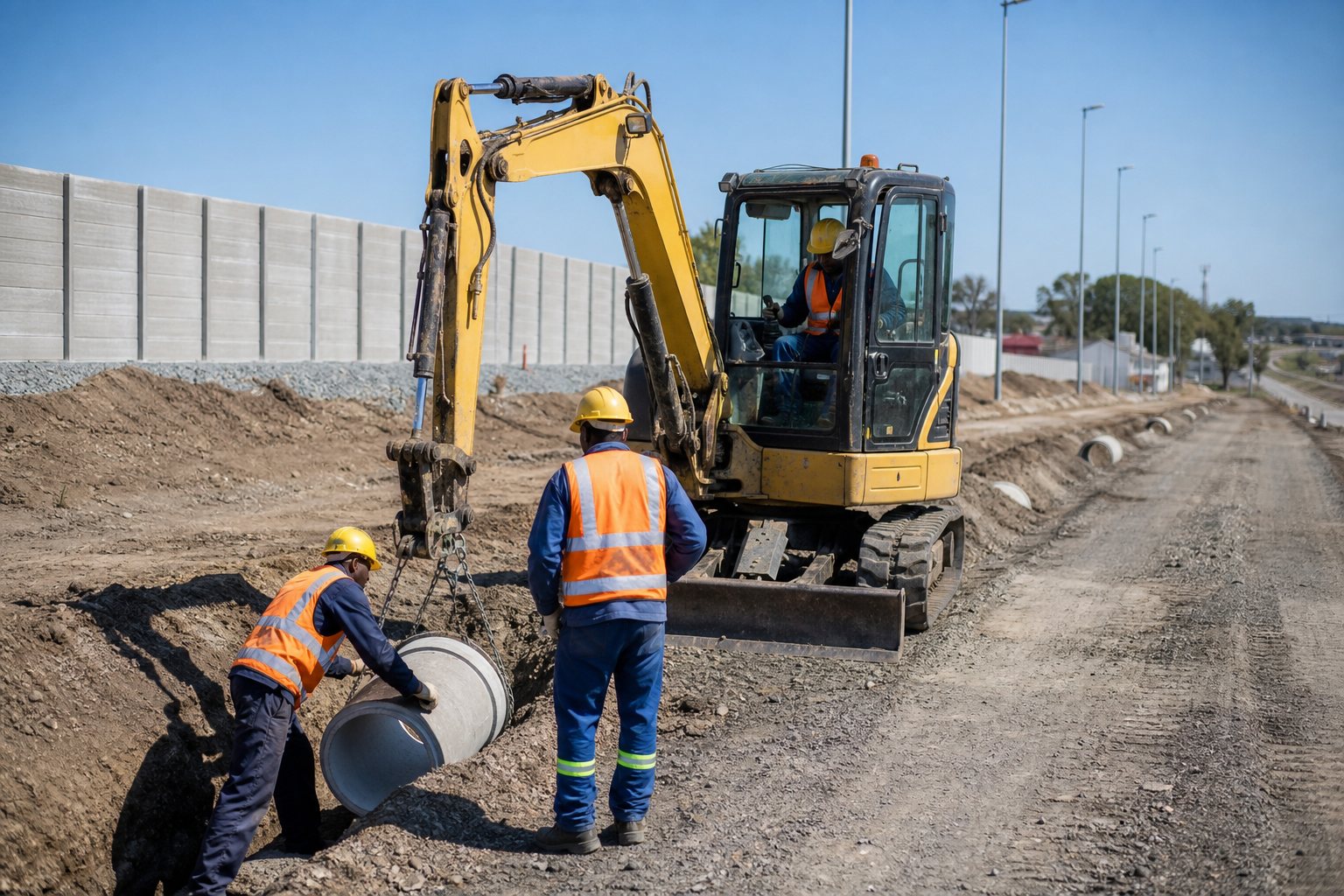 Civils team installing drainage beside an excavator