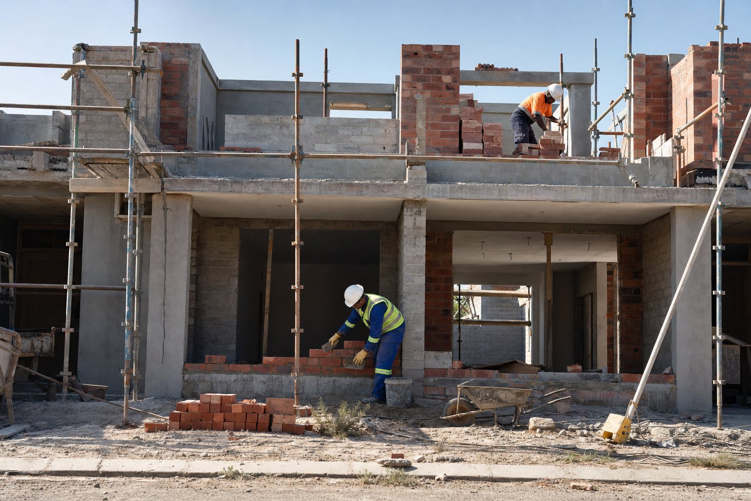 Construction team working on a brick and concrete building