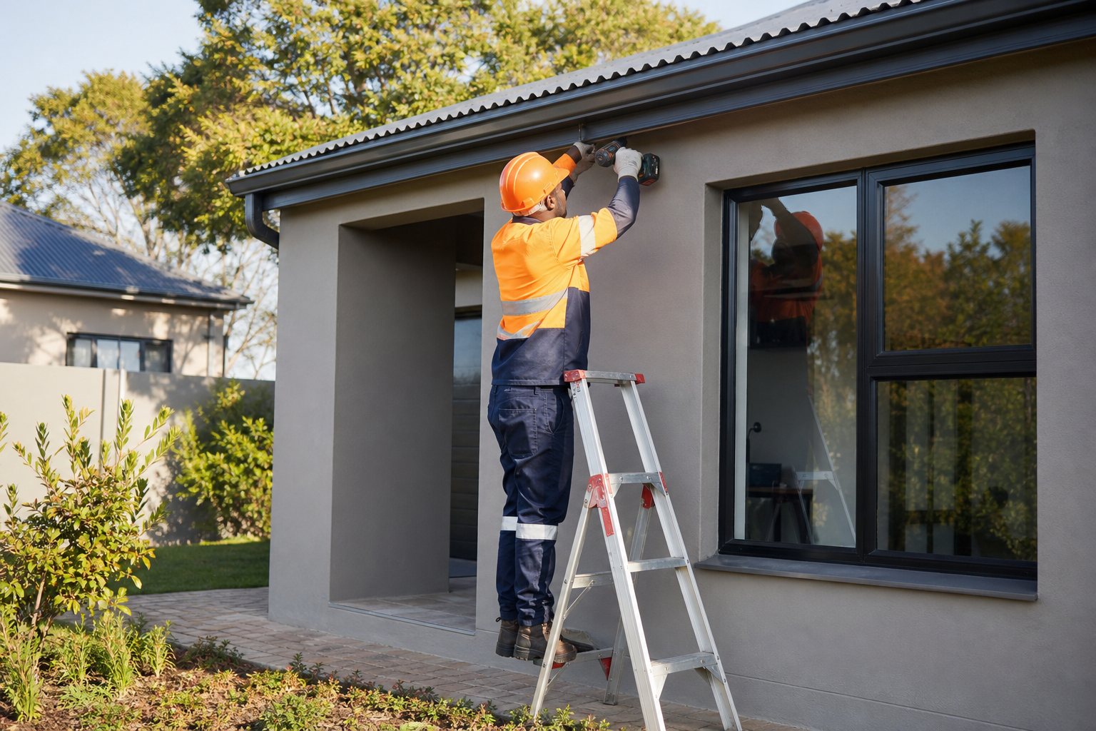 Maintenance technician repairing a property exterior
