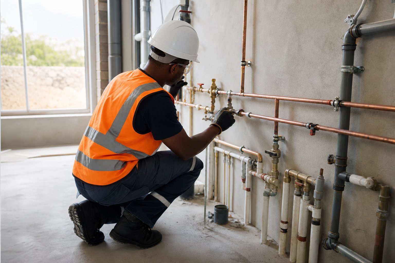 Plumber installing pipework and valves